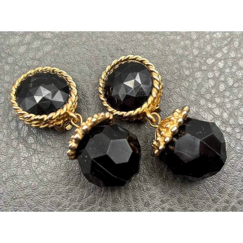 Vintage Black Chunky Bead Faceted Dangle Drop Earrings Gold Tone Clip On